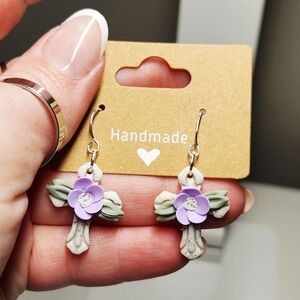 Handmade Purple Floral Cross Earrings